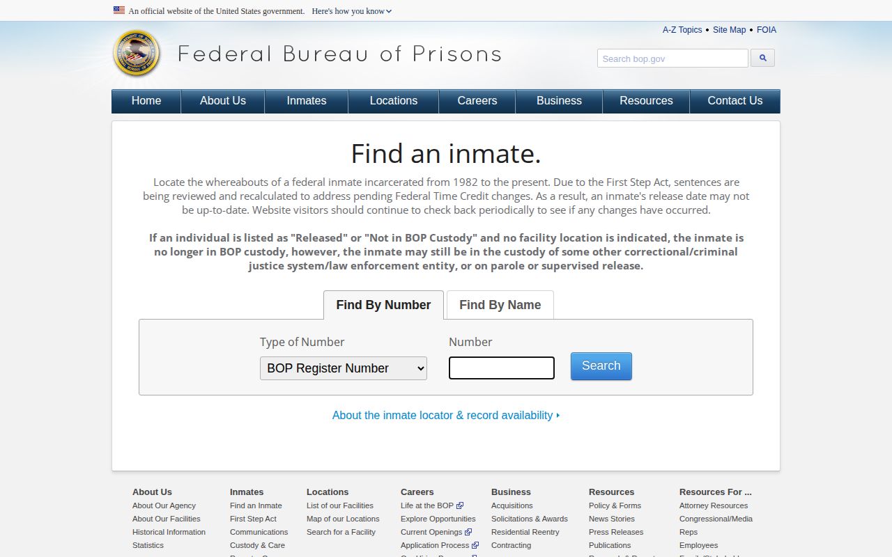 Official Bureau of Prisons Inmate Locator search page