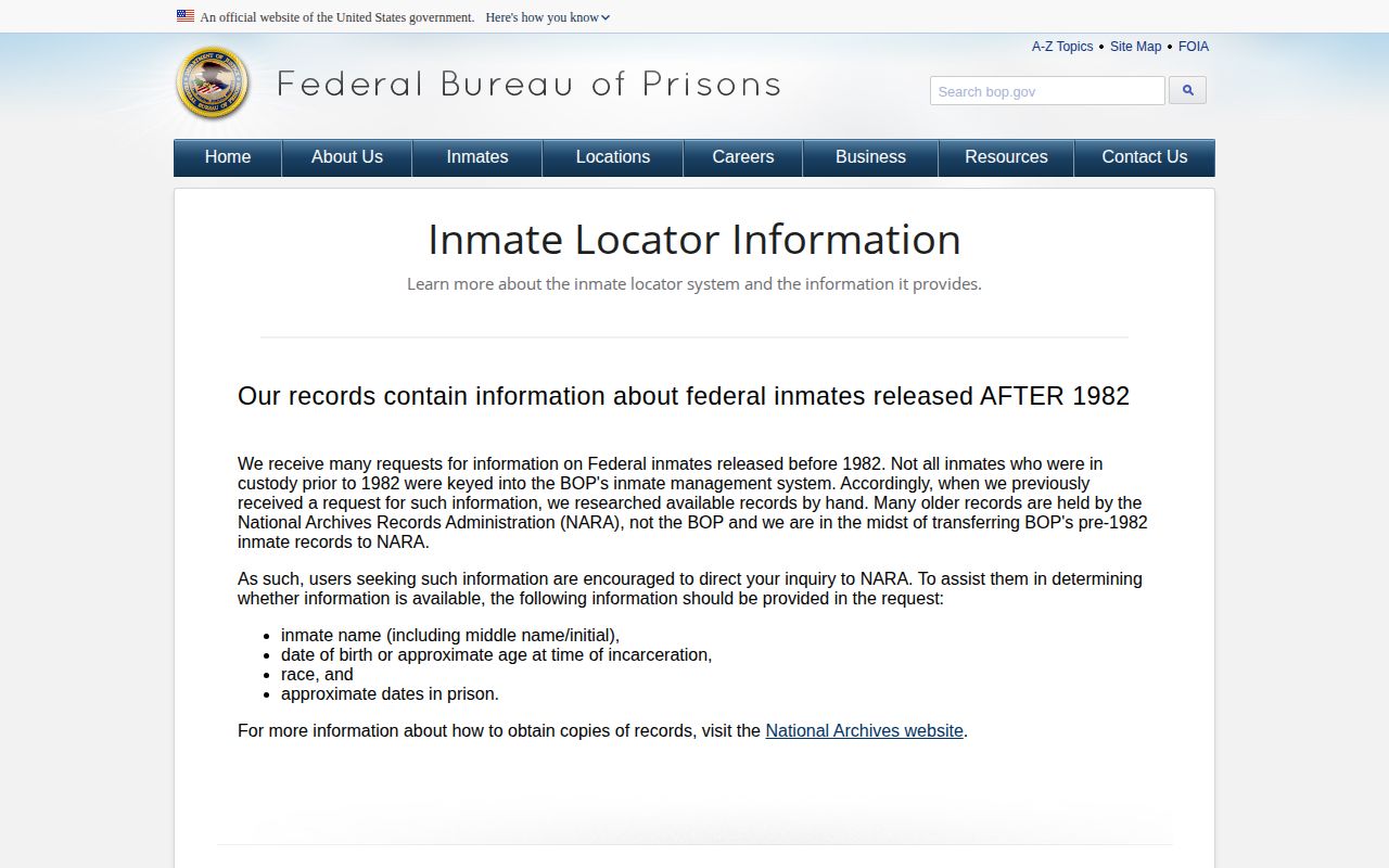 BOP explanation of inmate locator result meanings and limits