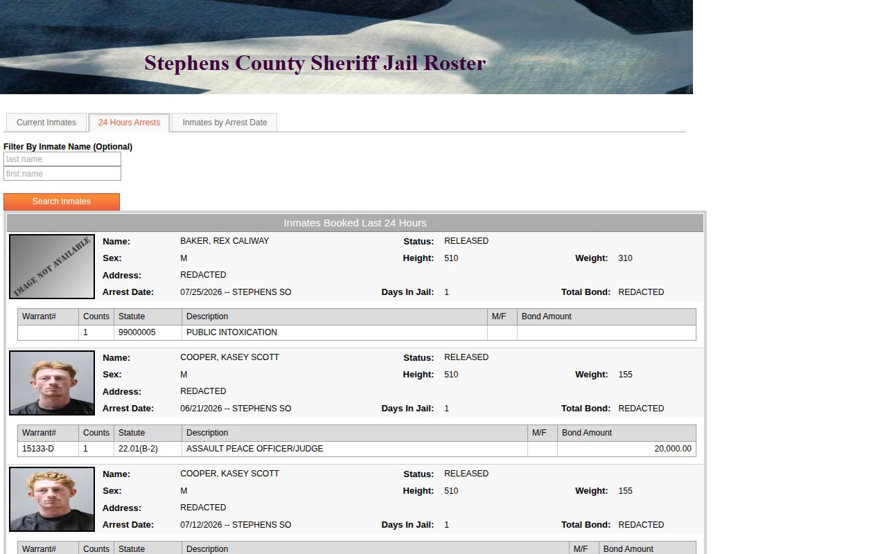 Stephens County Jail 24 Hours Arrests page with release labels