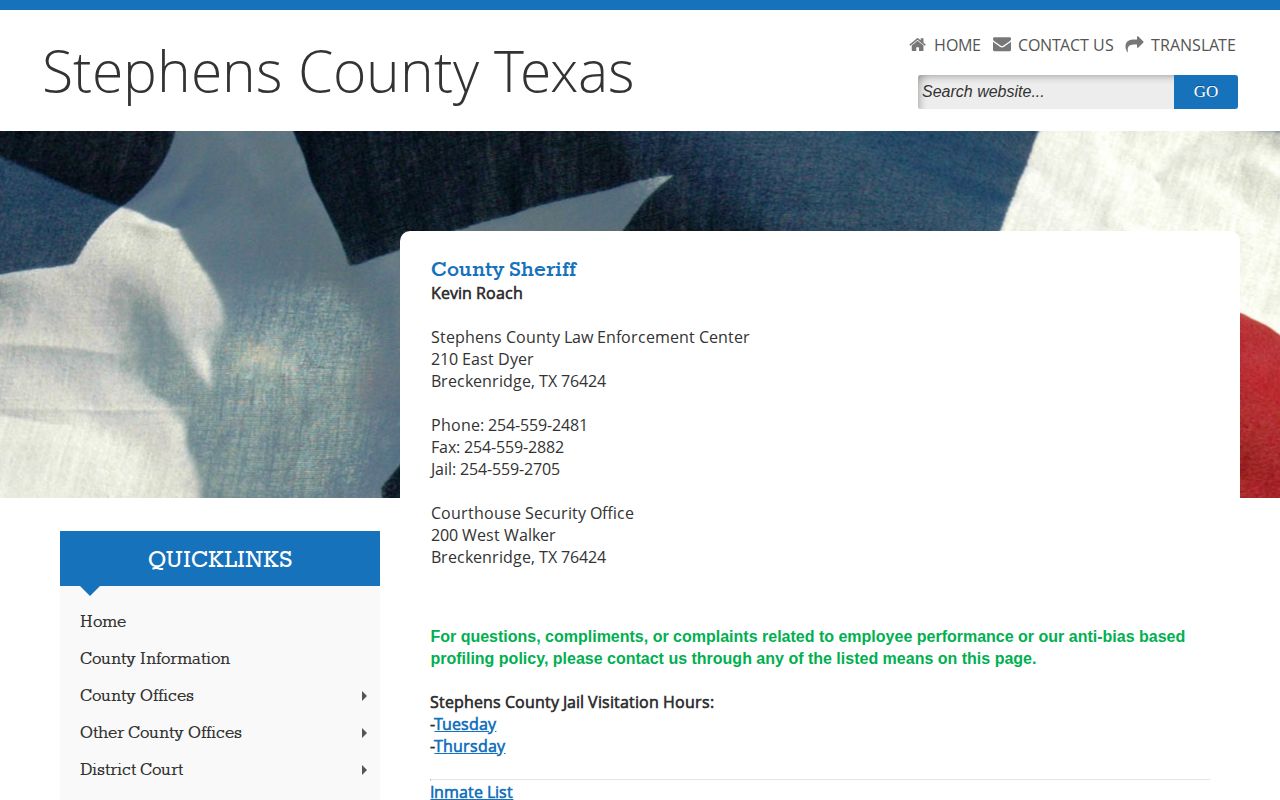 Stephens County Sheriff page for jail release contacts
