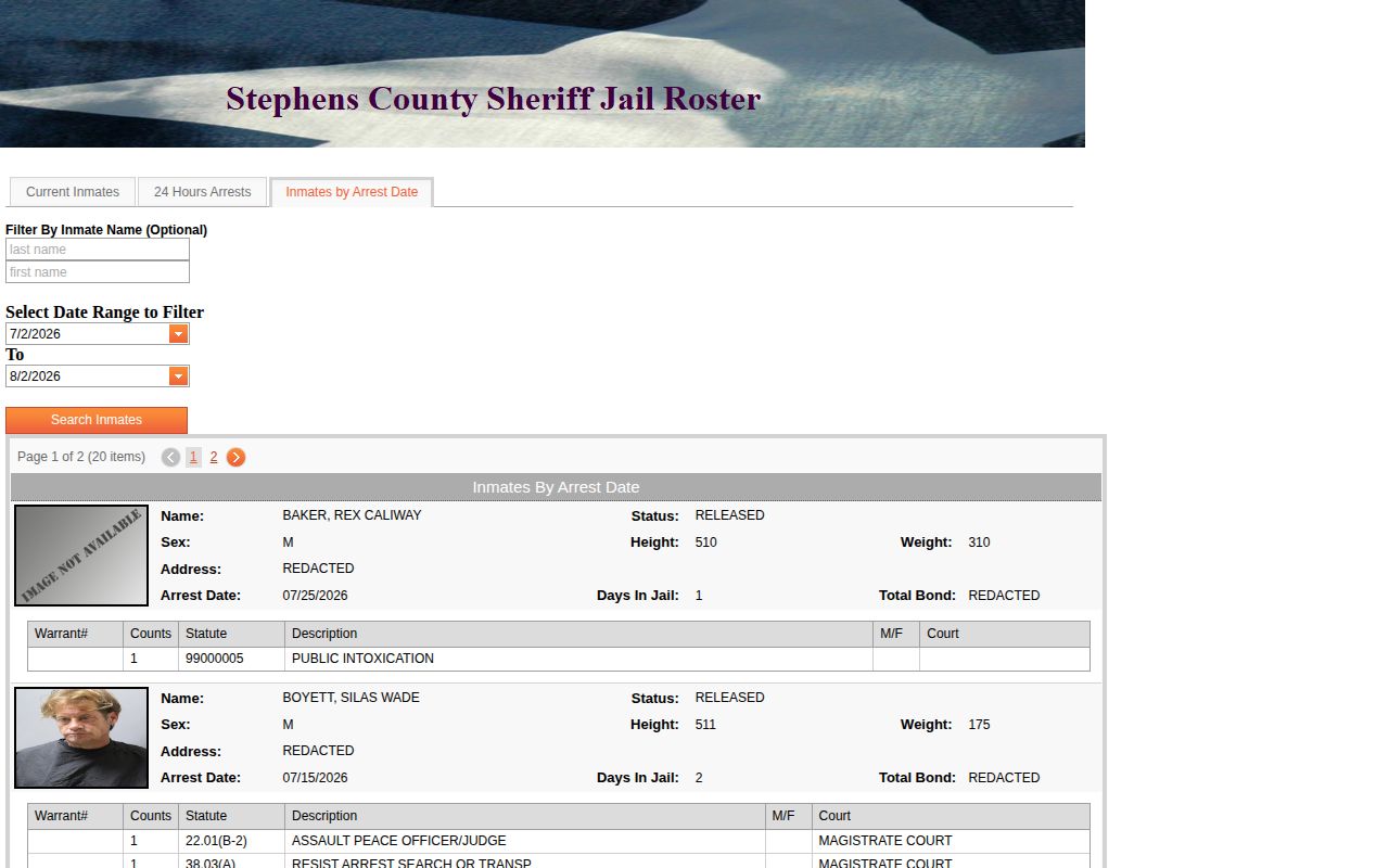 Stephens County Jail arrest-date archive for released inmate records