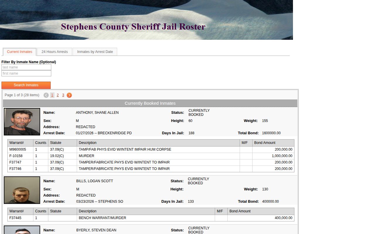 Stephens County Jail roster and release record fields