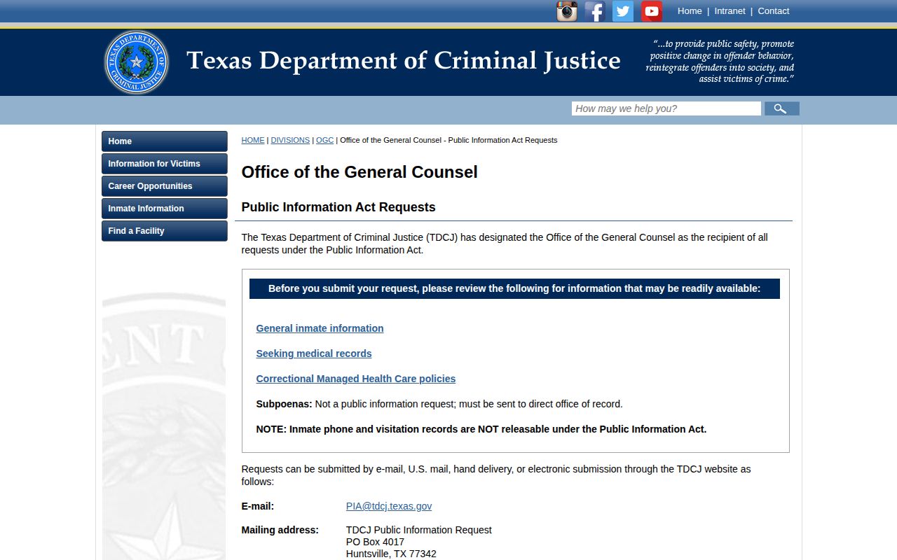 TDCJ public information request page for discharge records