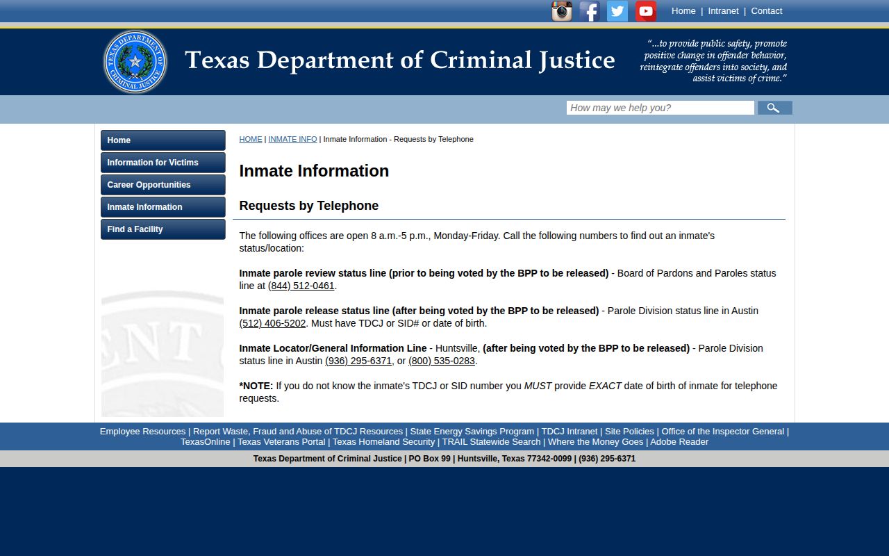 TDCJ telephone release status contacts for Throckmorton records