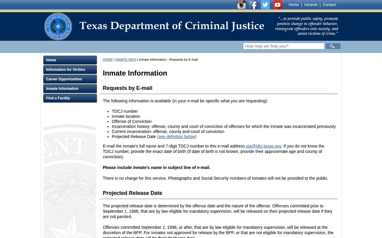 TDCJ email lookup instructions for historical and projected release information
