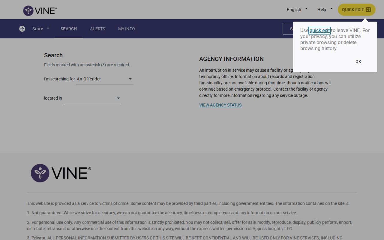 Texas VINELink specific-person search for a Throckmorton County inmate release check