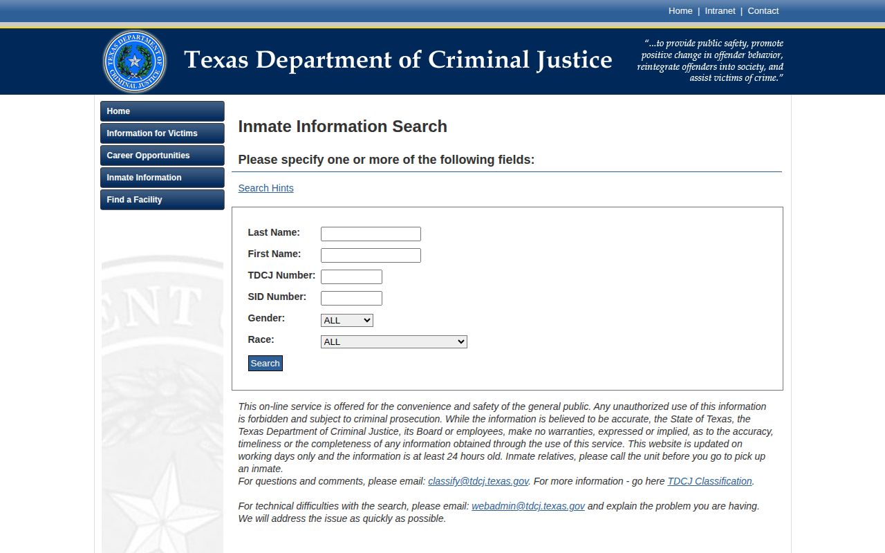 Official TDCJ inmate search used after a Throckmorton transfer
